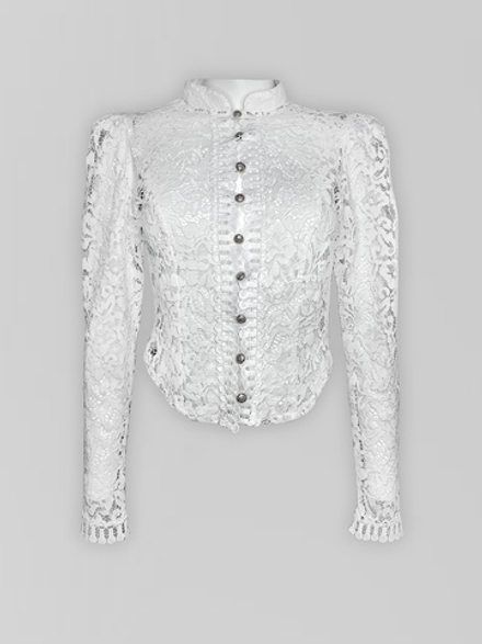 Блузка BD colleсtion однотонная приталенная из гипюра на золотых пуговицах