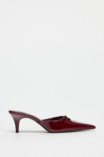 ZARA ЛАКИРОВАННЫЕ ТУФЛИ-МЮЛИ С ПРЯЖКОЙ, БОРДОВО-КАСНЫЙ