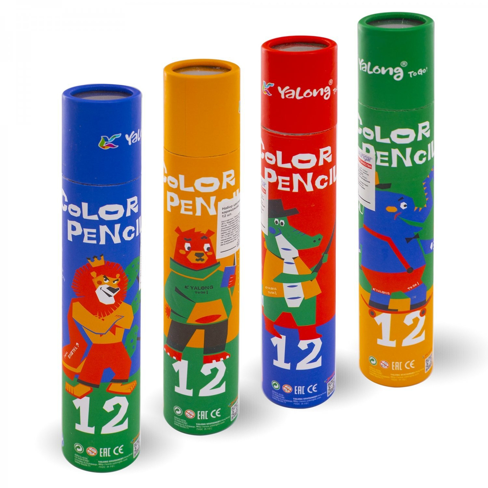 Карандаши цветные Yalong, 12 цв., "Цирковые звери", деревянные, трехгранные, заточенные, грифель 3.0, картон. тубус