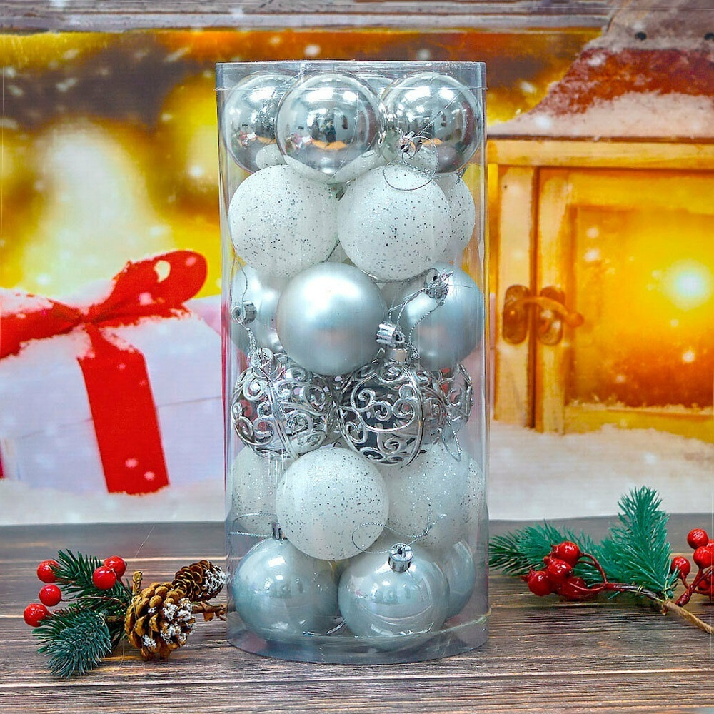 Шар новогодний 24шт 6см, цвет белый+серебро, пластик