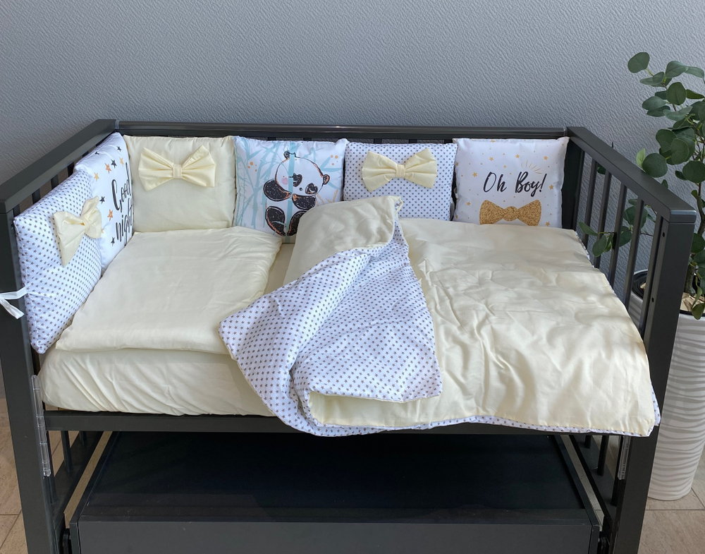 Комплект в кроватку 18 предметов "Панда" жёлтый, сатин