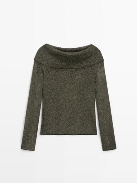 Massimo Dutti Свитер из трикотажа с открытыми плечами и блестящей нитью, черный