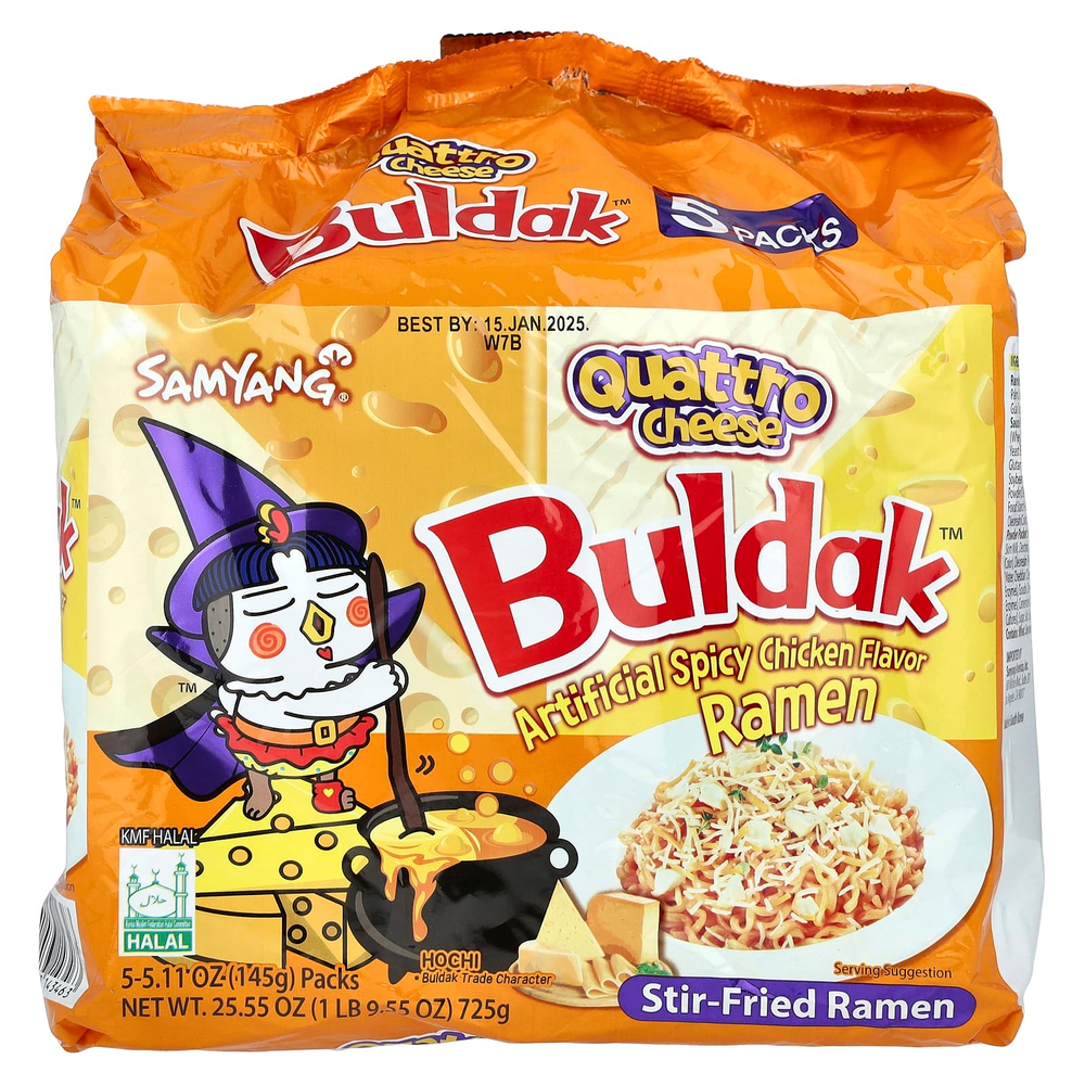 Buldak, Buldak ™, жареный рамен, острый цыпленок, сыр Quattro, 5 упаковок по 145 г (5,11 унции)