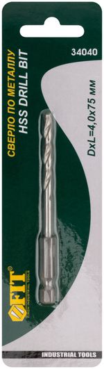 Сверло hss по металлу, u-хвостовик под биту, 4 х 75 мм, FIT, 34040