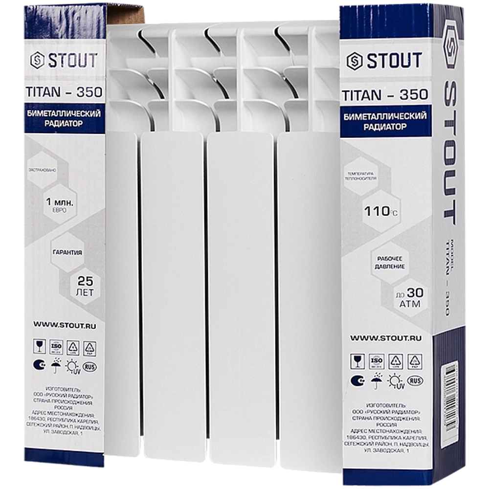 Радиатор биметаллический STOUT TITAN 350 - 4 секции (подключение боковое, цвет белый)