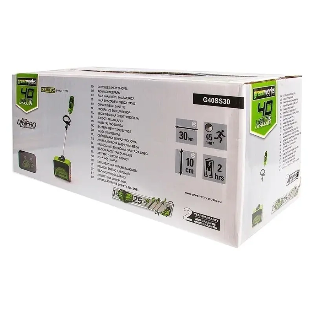 Greenworks GD40SS30K2 40В аккумуляторный снегоуборщик (1 x 2 Ач, ЗУ) ковш 30 см, выброс 6 м 2600807UA