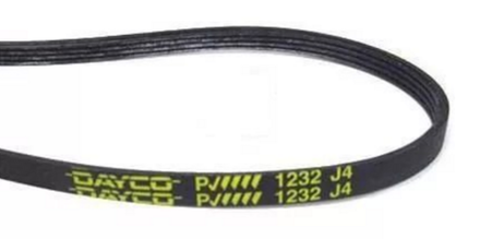 Ремень 1232 J4 PV Dayco для стиральной машины Whirlpool (Вирпул) 1232мм черный, желтая надпись