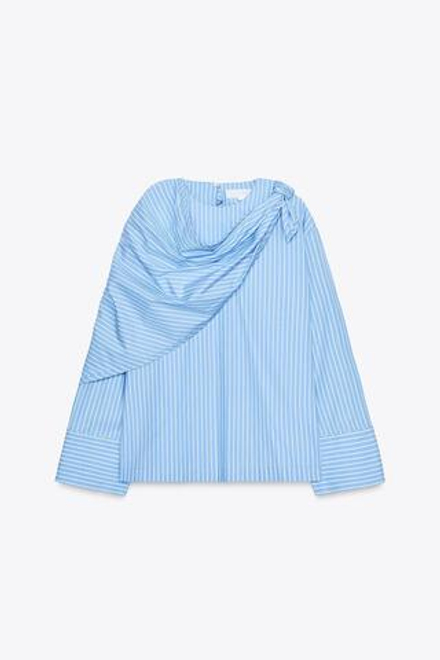 ZARA РУБАШКА В ПОЛОСКУ ZW COLLECTION, БЕЛЫЙ/НЕБЕСНО-ГОЛУБОЙ
