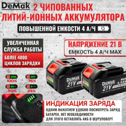 Болгарка аккумуляторная бесщеточная DeMak 21В, УШМ 125 мм, с регулировкой до 16000 об/м, 950W, в кейсе 2 АКБ 4 А/ч, + диск в подарок, фирменные очки, углошлифовальная машина 21V