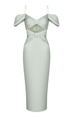 Платье миди из сатина и кружева со спущенными рукавами драпированное с пряжками