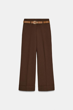 ZARA БРЮКИ С ОТВОРОТАМИ И РЕМНЕМ, КОРИЧНЕВЫЙ