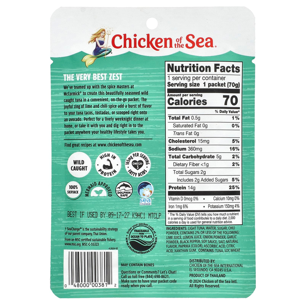 Chicken of the Sea, Дикий светлый тунец, чили и лайм, 70 г (2,5 унции)