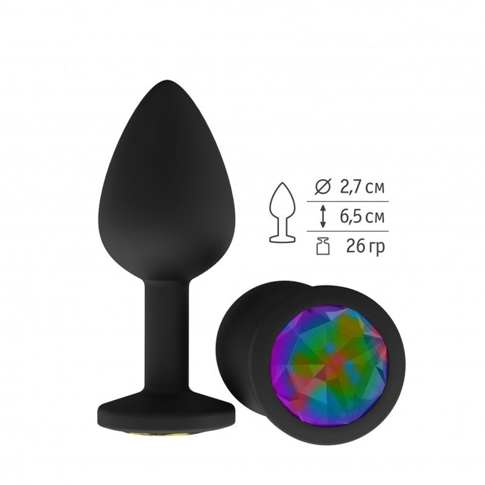 518-14 multicolored-DD / Анальная втулка силиконовая чёрная с разноцветным кристаллом