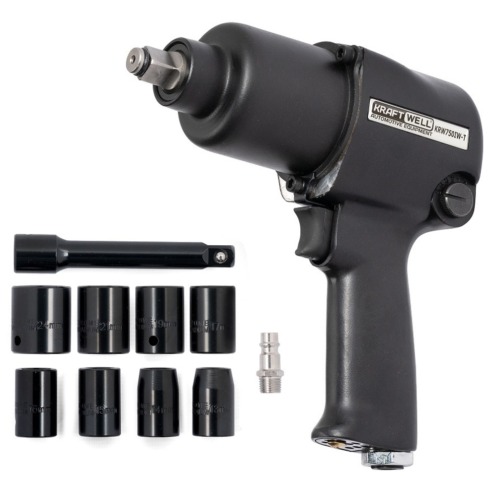 KraftWell KRW750IW-T Гайковерт пневматический 1/2", 780 Нм с комплектом ударных головок
