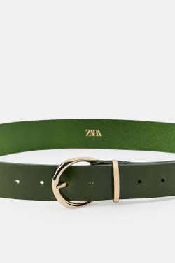 ZARA РЕМЕНЬ ИЗ 100% КОЖИ С КРУГЛОЙ ПРЯЖКОЙ, ЗЕЛЕНЫЙ