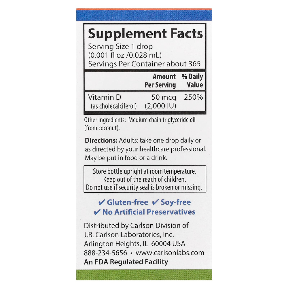 Carlson, Super Daily® D3, 50 мкг (2000 МЕ), 10,3 мл (0,35 жидк. унции)