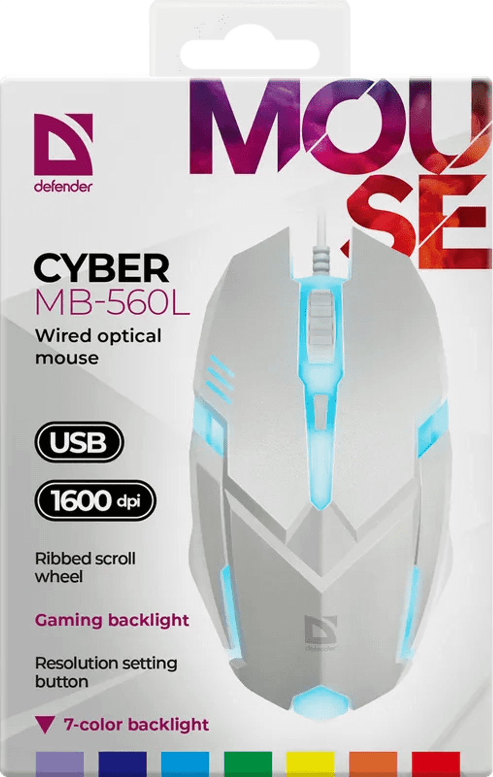 Мышь проводная Defender Cyber MB-560L 7цветов,3кнопки,1600dpi,белый, НОВИНКА!