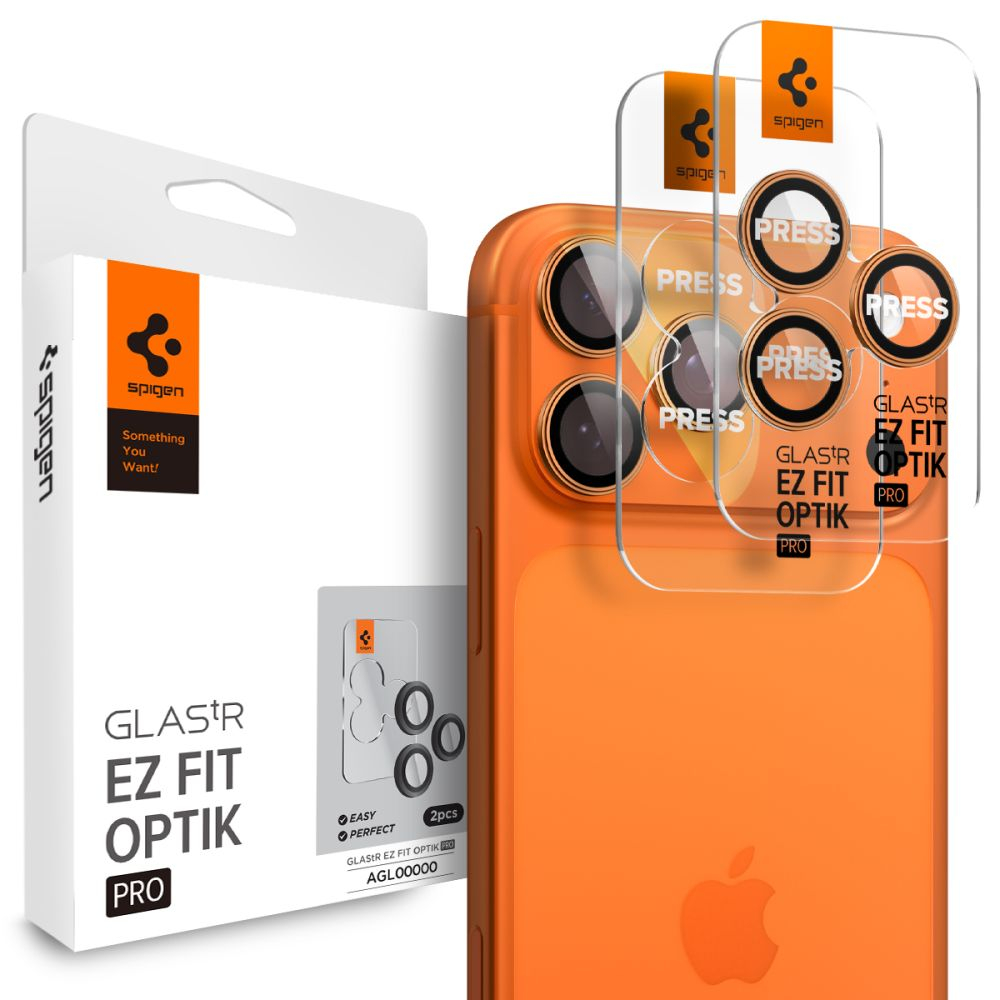 Стекло камеры Spigen OPTIK PRO GLAS.TR ”EZ FIT” 2шт. для iPhone 14 PRO/ MAX / 15 PRO / MAX / 16 PRO / MAX / 17 PRO / MAX ORANGE
