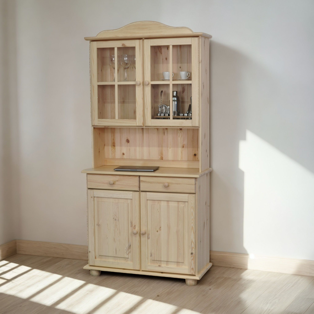 Шкаф витрина, 90х39х192, Лена, буфет для кухни, двухдверный из массива сосны , в натуральной отделке, Dipriz