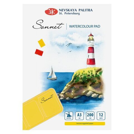 Альбом-склейка (склейка по 4-м сторонам) для акварели Sonnet, 200 г/м2, А3, 12 л, 100% целлюлоза, яичная скорлупа, англ. яз.