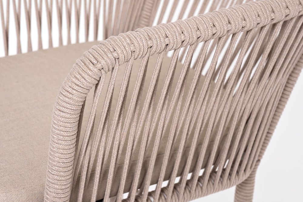 "Марсель" стул барный плетеный из роупа, каркас из стали белый муар, роуп бежевый круглый, ткань бежевая 15052