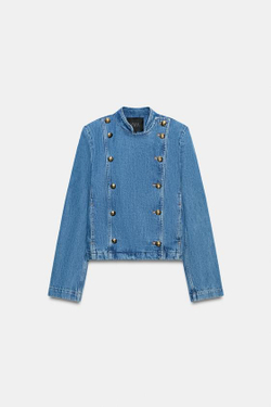 ZARA ДЖИНСОВАЯ КУРТКА С ПОДПЛЕЧНИКАМИ — ZW COLLECTION, ЛИНЯЛЫЙ СИНИЙ