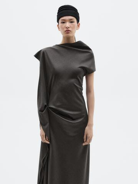 Massimo Dutti Длинное платье с декоративным вырезом на шее - LIMITED, шоколадный