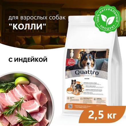Корм сухой для взрослых собак породы Колли, премиум полнорационный комплекс, с индейкой, 2,5 кг, QUATTRO
