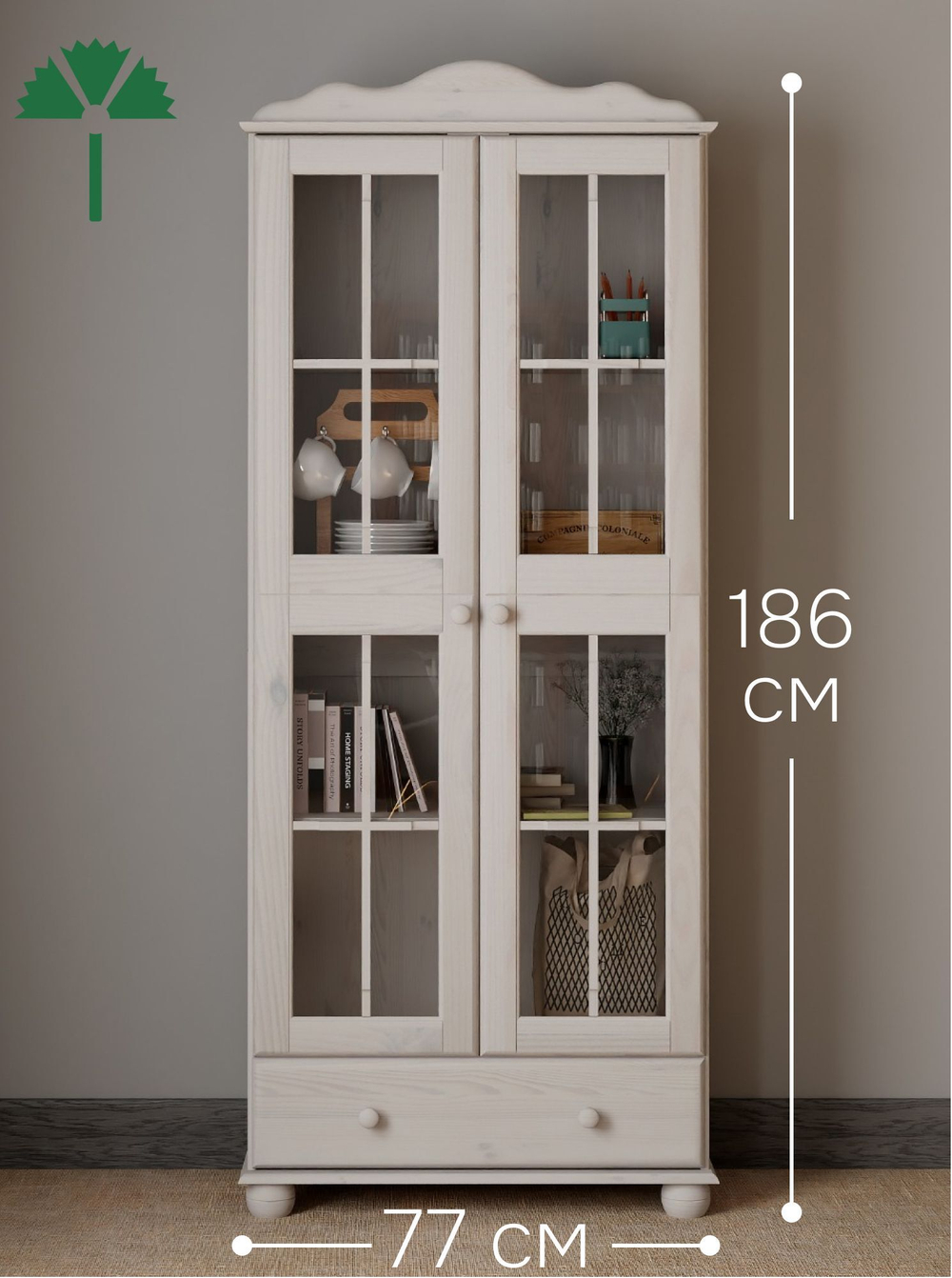 Шкаф-витрина Бритта двухдверная, с полками, массив сосны, белый воск