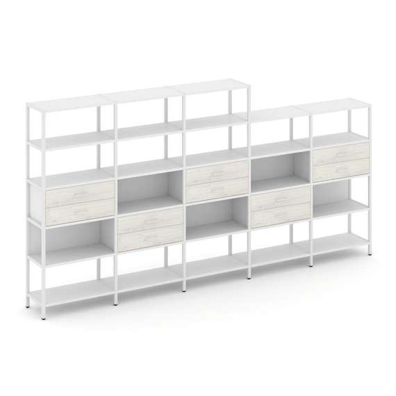 Shelf System Пятисекционный стеллаж пятиярусный с ящиками SN.STM-551 Белый/Дуб Наварра/Металл Белый