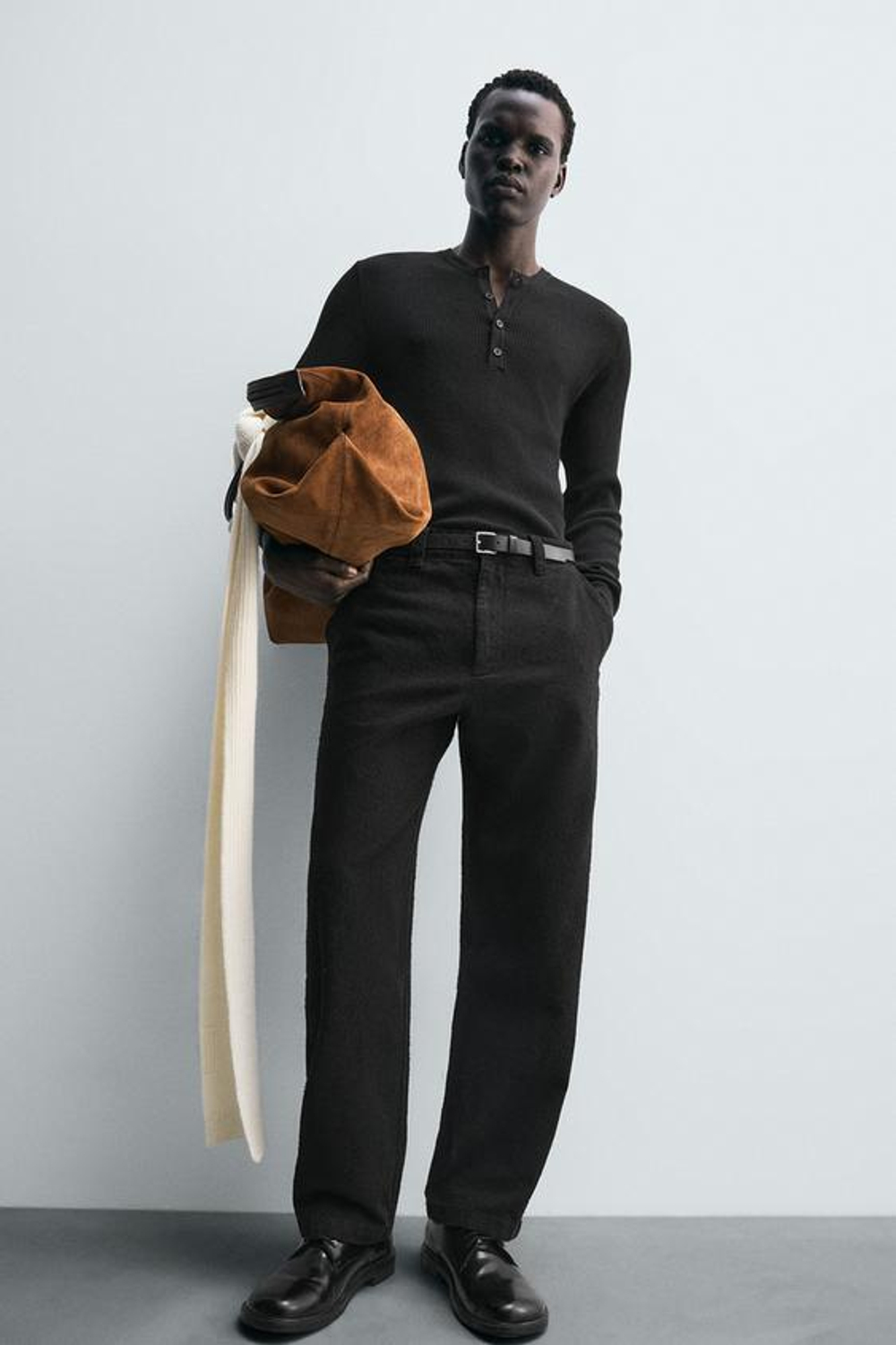 ZARA БРЮКИ STRAIGHT FIT ИЗ РЕЛЬЕФНОЙ ТКАНИ, ЧЕРНЫЙ