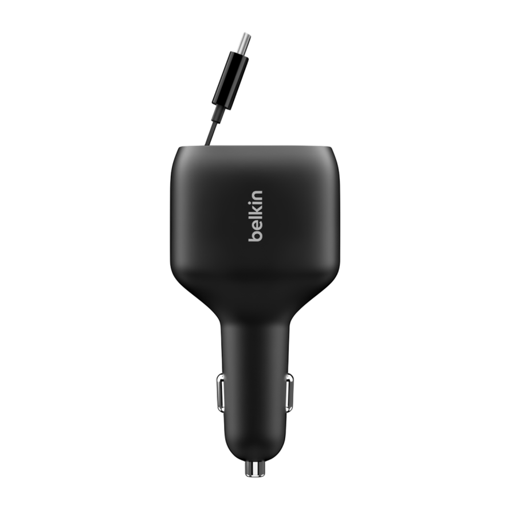 Автомобильное зарядное устройство со встроенным кабелем Belkin BoostCharge мощностью 75 Вт (USB-C, USB-A) (CCC001) Есть LED-индикация, встроенный плоский кабель-рулетка USB-C (0,75 м), поддержка PD и PPS