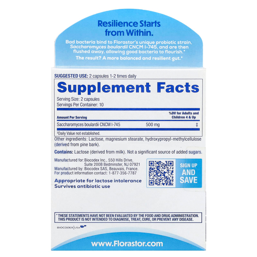 Florastor, Dual Action Probiotic Supplement, 20 Vegetarian Capsules (250 mg per Capsule)