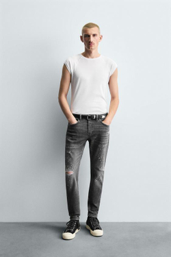 ZARA ДЖИНСЫ SKINNY FIT С ДЫРАМИ, СЕРЫЙ