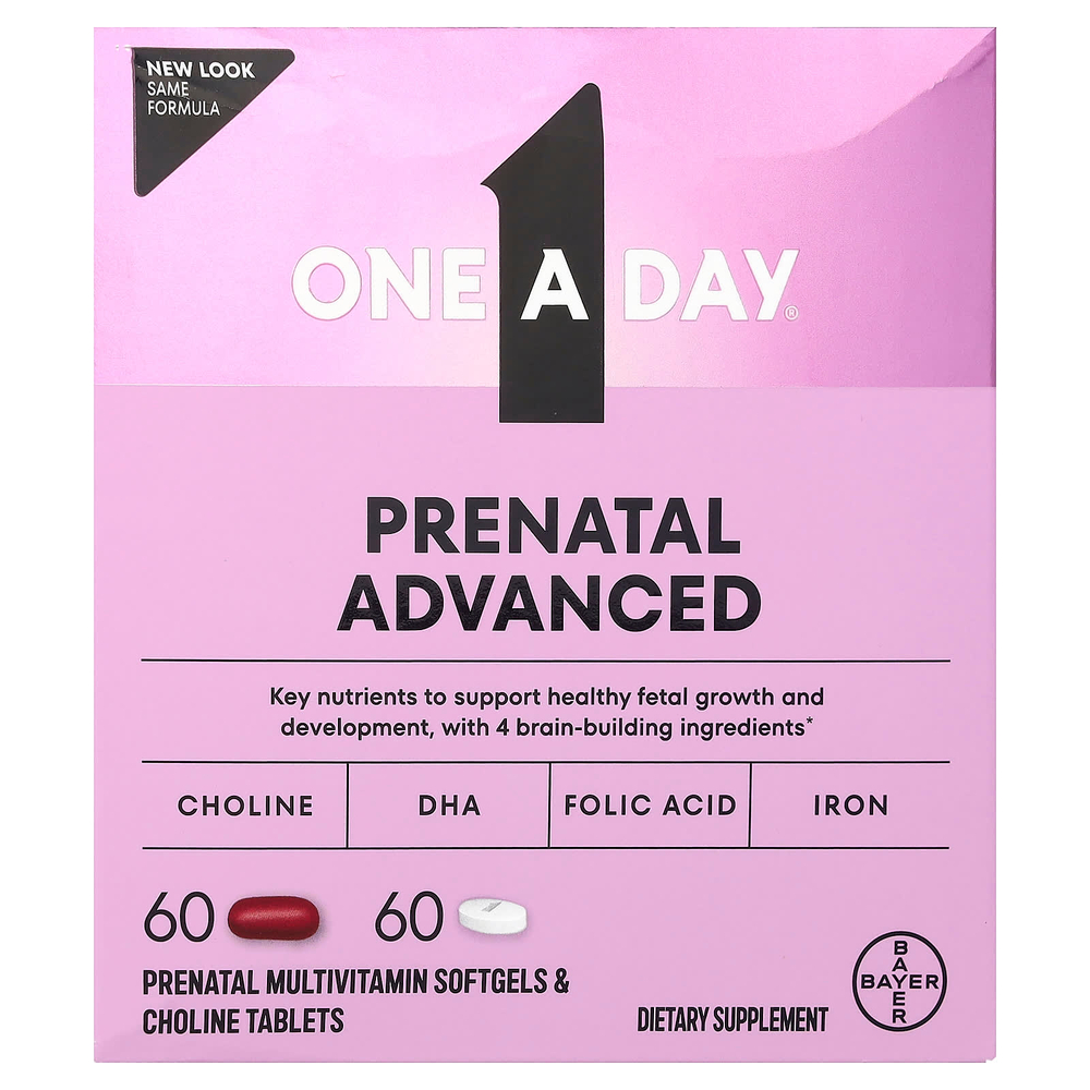 One-A-Day, Prenatal Advanced, полноценный мультивитаминный комплекс для поддержки мозга, 60 пренатальных мультивитаминных мягких таблеток и 60 пренатальных таблеток с холином