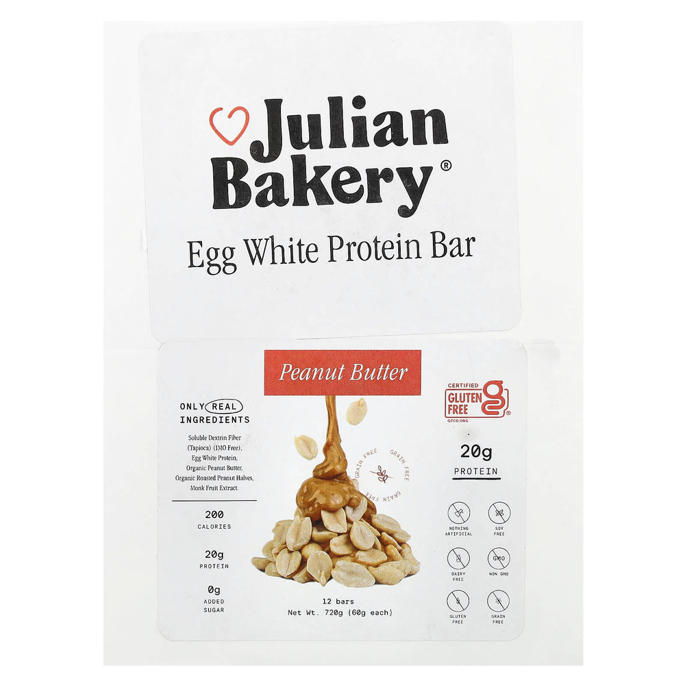 Julian Bakery, Протеиновый батончик из яичного белка, арахисовая паста, 12 батончиков по 60 г