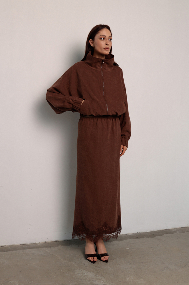 Юбка - макси с кружевом шоколадная