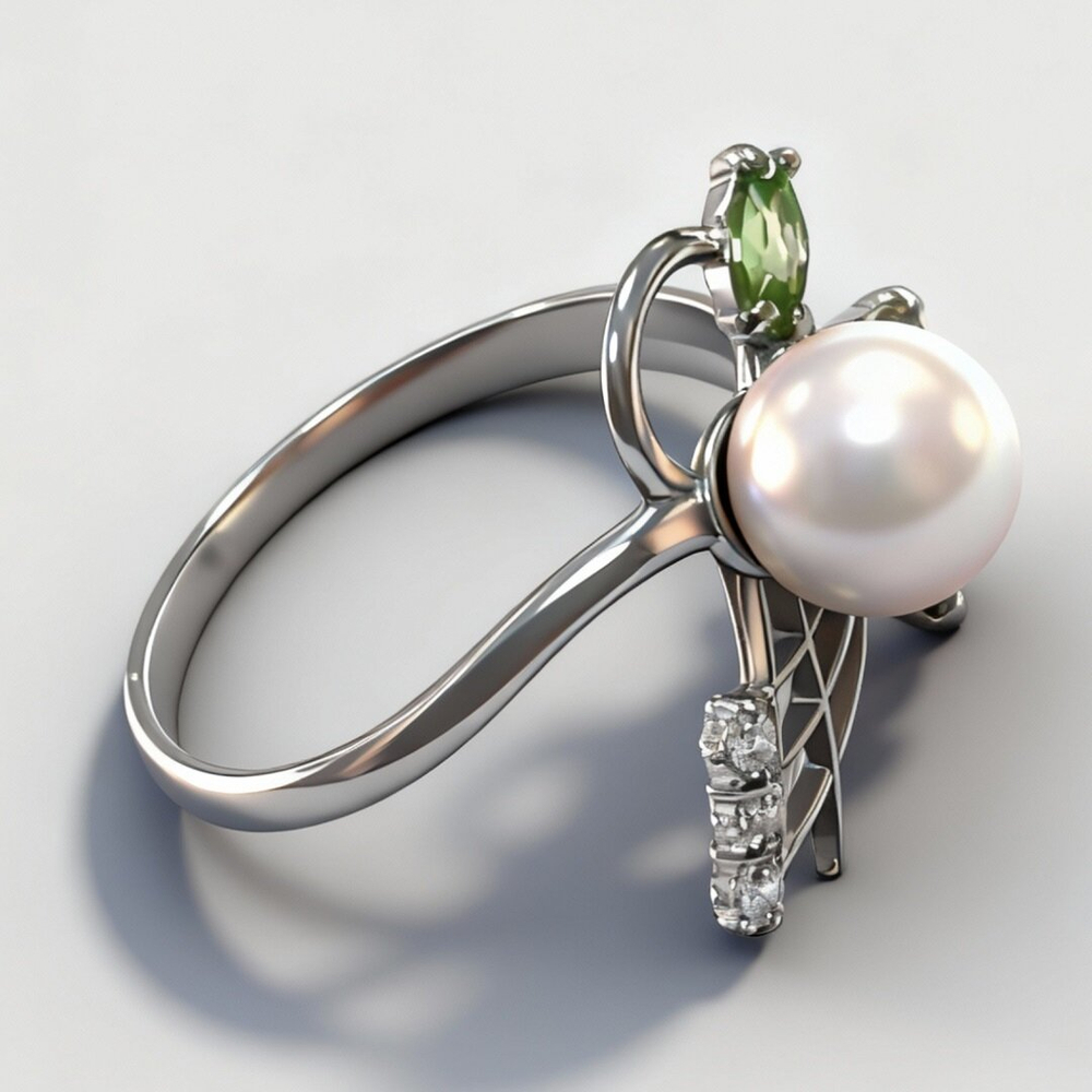 Ювелирное кольцо, вставка из жемчуга, хризолита, фианитов, серебро 925