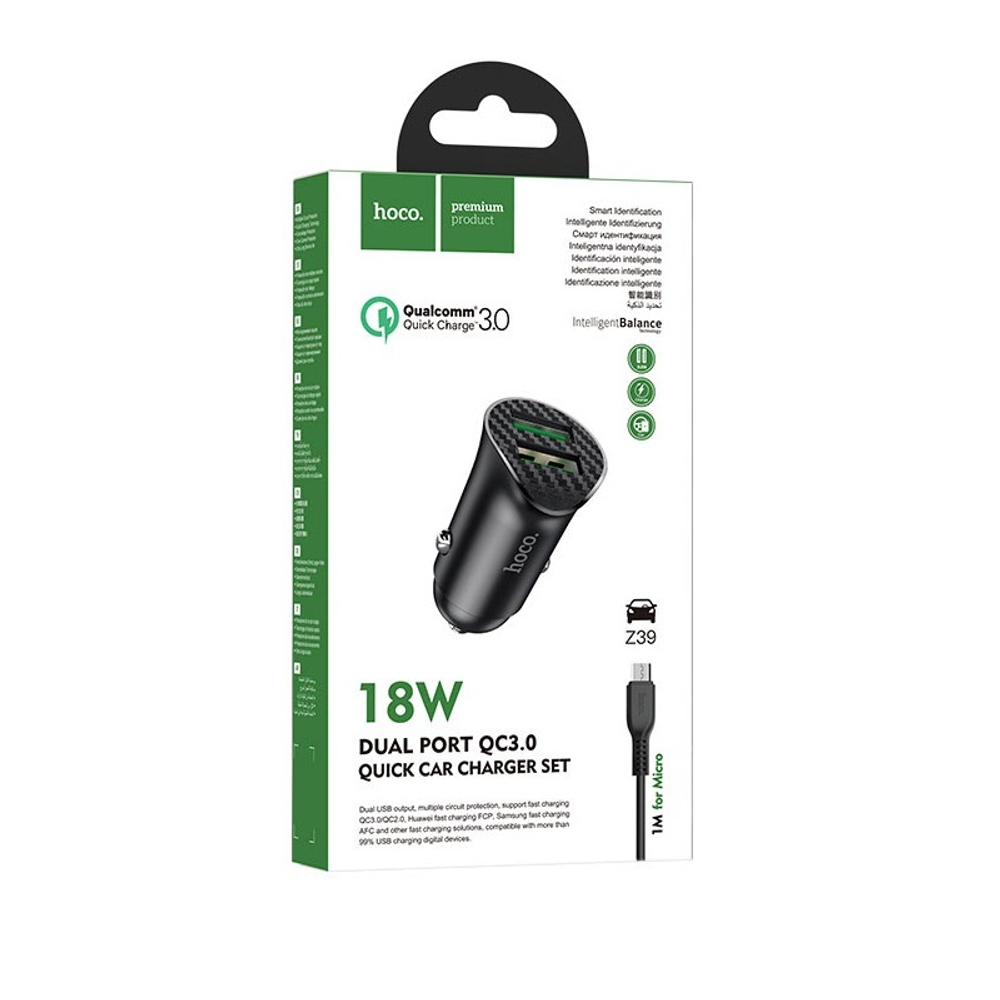 Разделитель автомобильный Hoco Z39 Farsighted dual port QC3.0 Car charger с кабелем MicroUSB (2USB: 3.6V-6.5V &amp; 3A 18W) Черный