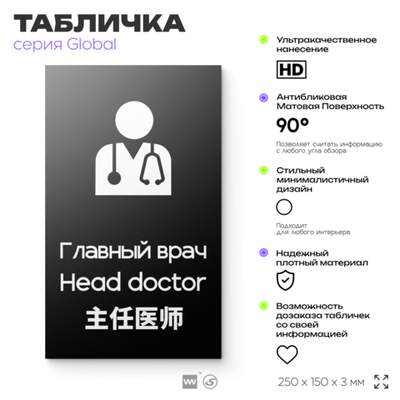 Табличка Главный врач, на дверь и стену, информационная и мультиязычная (русский, английский, китайский), серия GLOBAL, 25х15 см, Айдентика Технолоджи