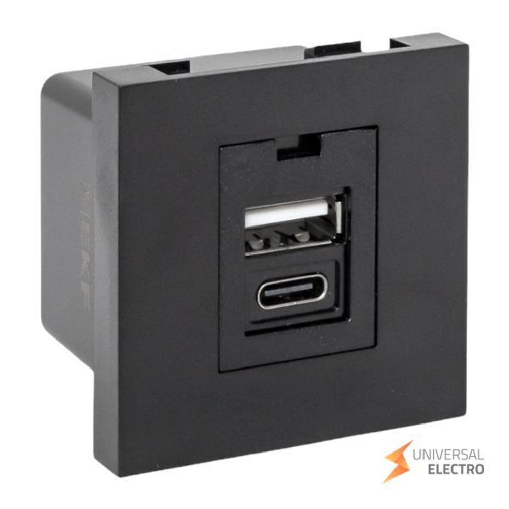 Розетка USB A+C, 2,1А, 2 гнезда, без индикатора, черная, матовая EKF