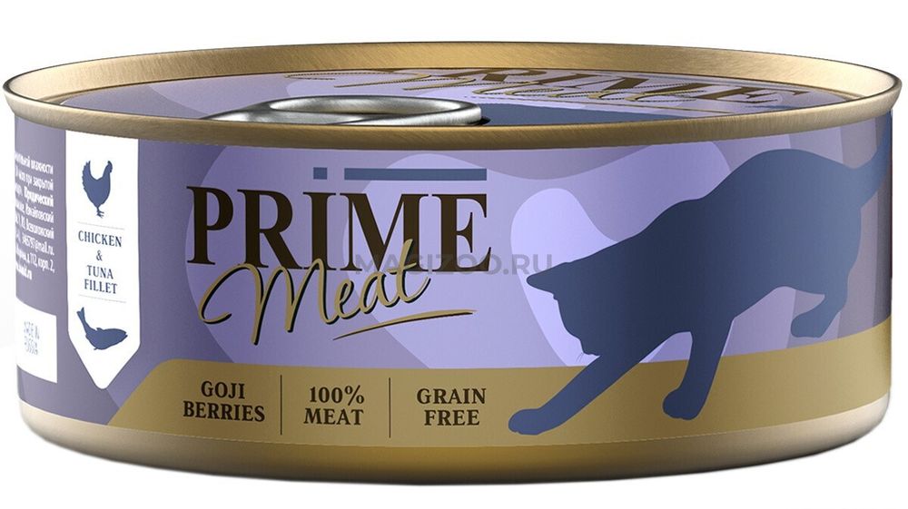 PRIME MEAT 100г ж/б Влажный корм для кошек Курица с тунцом, филе в желе