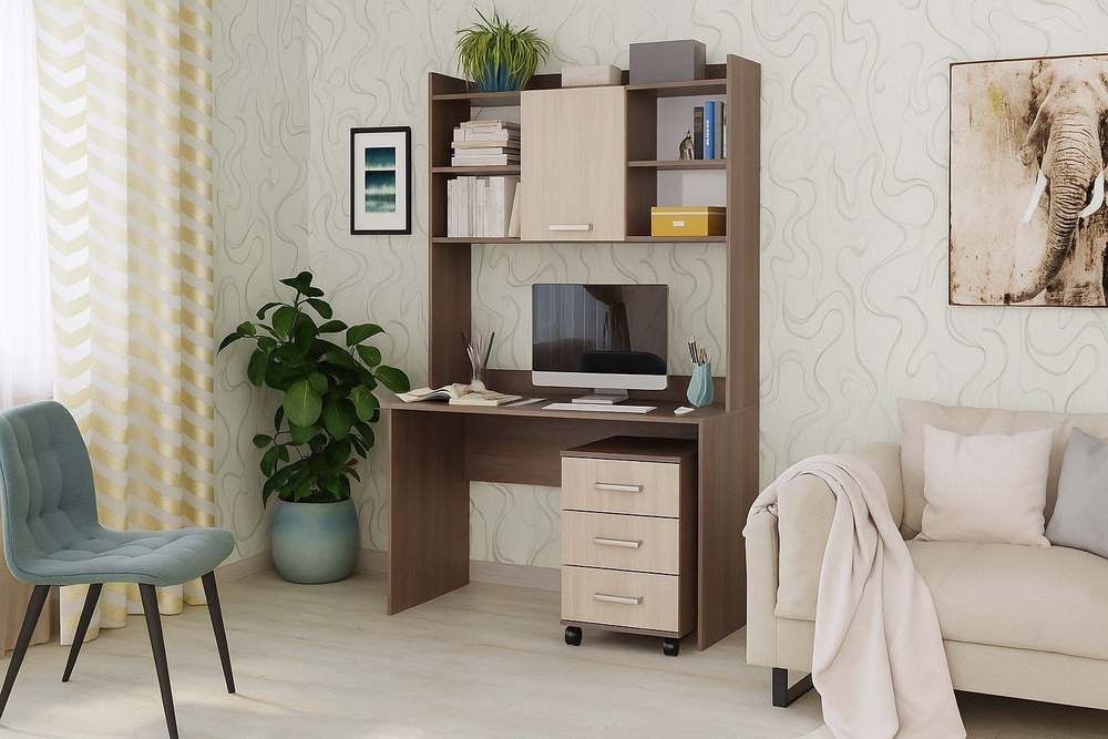 Стол компьютерный с ящиками и полками Ясень Шимо тёмный/Ясень Шимо светлый 111,8х57х187 см