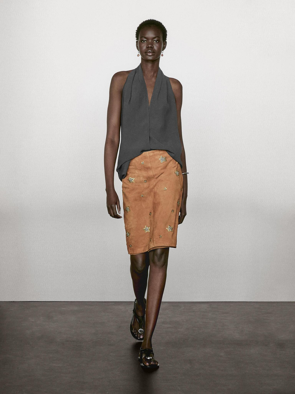 Massimo Dutti Юбка миди из замши, коричневый