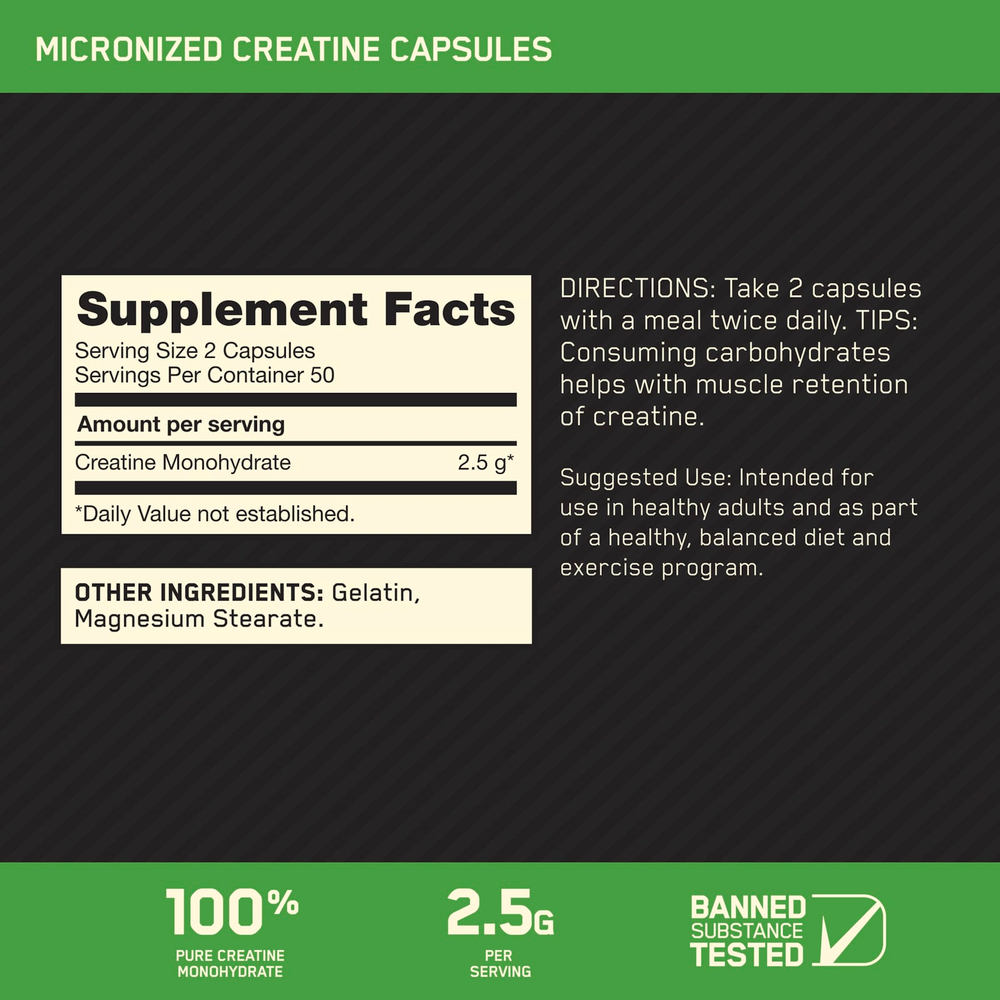 Optimum Nutrition, микронизированный креатин в капсулах, 100 капсул (1,25 г в 1 капсуле)