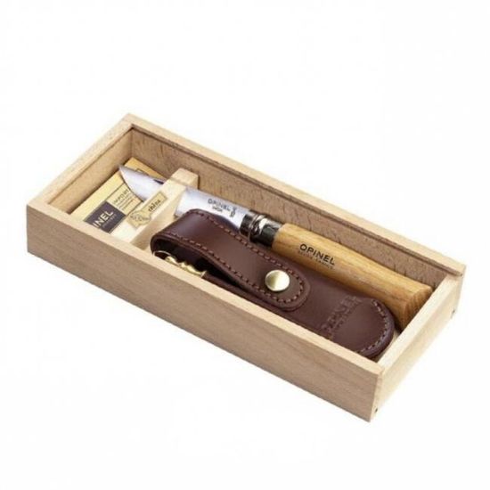 Складной нож Opinel №8, нержавеющая сталь, рукоять оливковое дерево, деревянный футляр, чехол c клинком из стали Sandvik™ 12С27