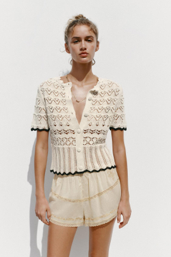 ZARA КАРДИГАН С КОРОТКИМИ РУКАВАМИ И АЖУРНОЙ ВЯЗКОЙ, БЕЛЫЙ/ЧЕРНЫЙ