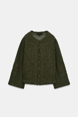 ZARA КАРДИГАН ИЗ КРУЖЕВА КРОШЕ С КОНТРАСТНЫМИ ДЕТАЛЯМИ, ХАКИ