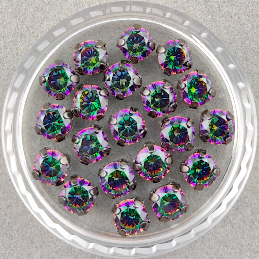 Фианиты шатоны в оправах, мистический/темная сталь