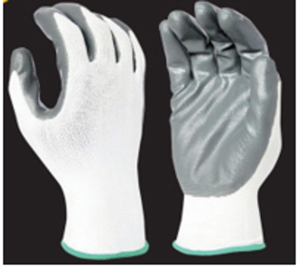 13G белая полиэстеровая подкладка, покрытие ладони серым нитрилом